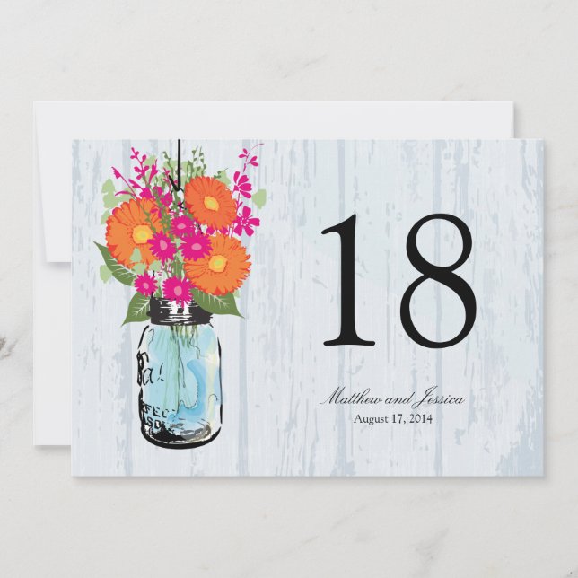 Rustic Mason Jar Gerber Daisies Tischnummer (Vorderseite)