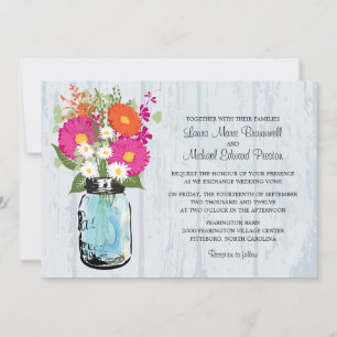 Rustic Mason Jar & Gerbera Daisies Wedding Einladung