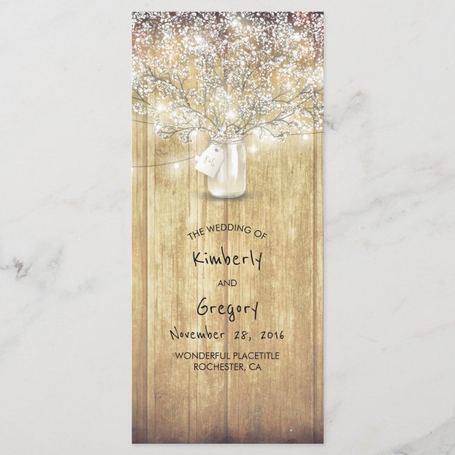 Rustic Mason Jar Gipskraut Hochzeitsprogramme Programm (Vorderseite)