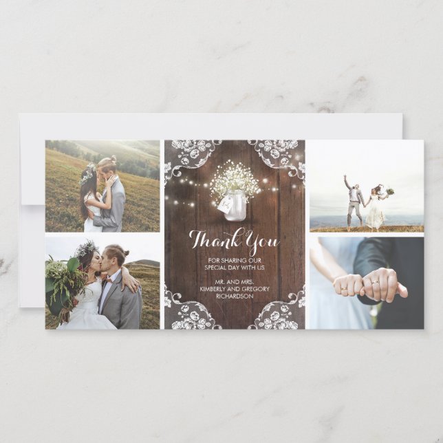 Rustic Mason Jar Gipskraut Wedding Vielen Dank Dankeskarte (Vorderseite)