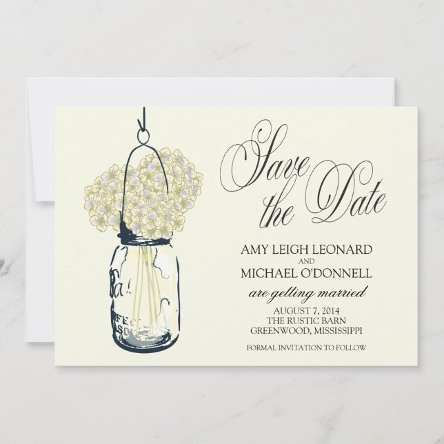 Rustic Mason Jar Hydrangrea Save the Date Einladung (Vorderseite)
