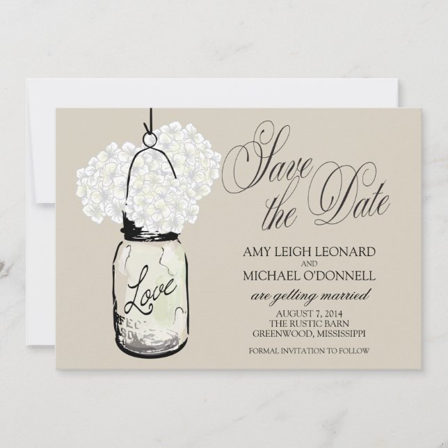Rustic Mason Jar Hydrangrea Save the Date Einladung (Vorderseite)