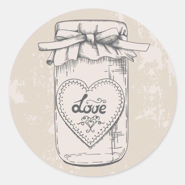 Rustic Mason Jar Liebe Hearts Tan Wedding Runder Aufkleber (Vorderseite)
