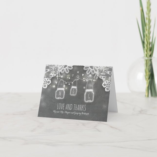 Rustic Mason Jar Lights and Lace Wedding Vielen Da Dankeskarte (Vorderseite)