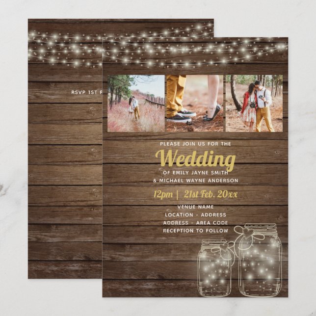Rustic Mason Jar Lights FOTO COLLAGE Wedding Einladung (Vorne/Hinten)
