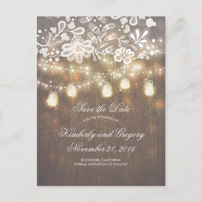Rustic Mason Jar Lights Lace Wood Save the Date Ankündigungspostkarte (Vorderseite)