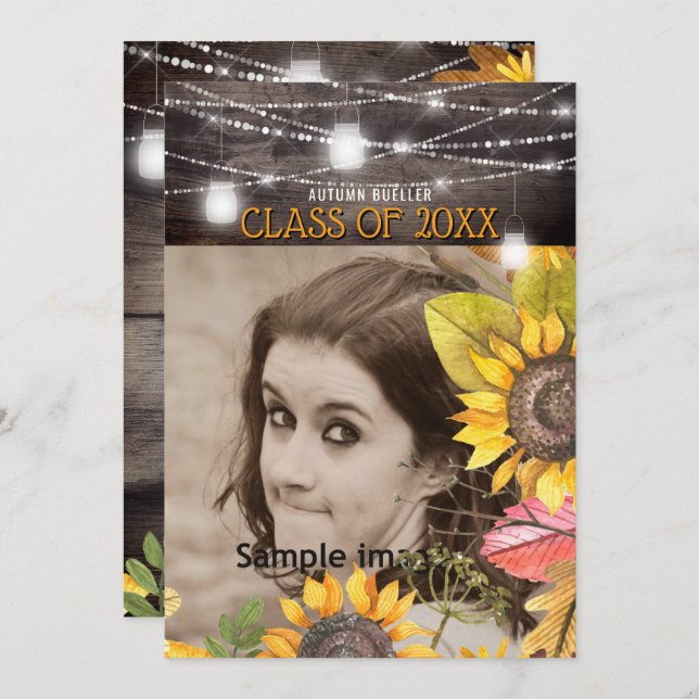 Rustic Mason Jar Lights Sonnenblumen Foto Abschlus Einladung (Vorne/Hinten)