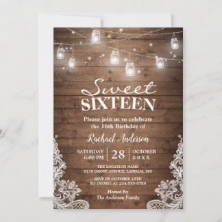 Rustic Mason Jar Lights Sweet 16 Geburtstagsparty Einladung
