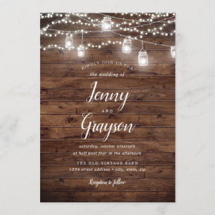 Rustic Mason Jar Lights Wood Wedding Einladung