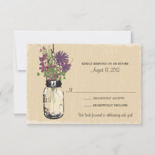 Rustic Mason Jar Purple Flowers Wedding RSVP Karte