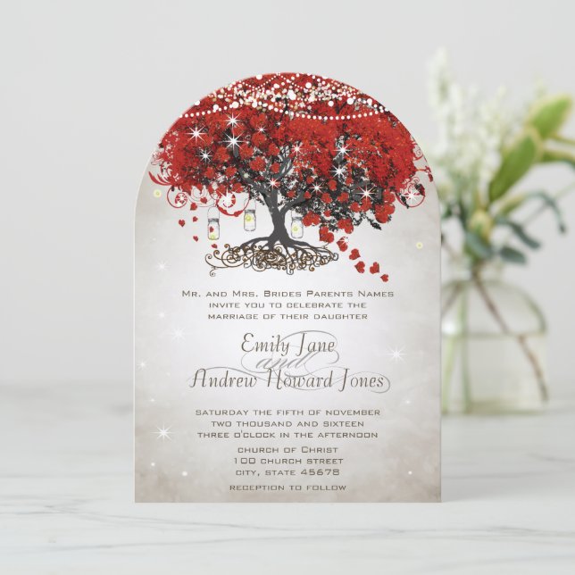 Rustic Mason Jar Red Heart Leaf Tree Wedding Einladung (Stehend Vorderseite)