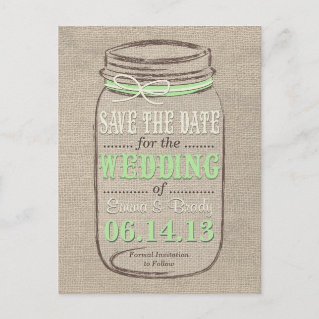 Rustic Mason Jar Save the Date Light Green Ankündigungspostkarte (Vorderseite)