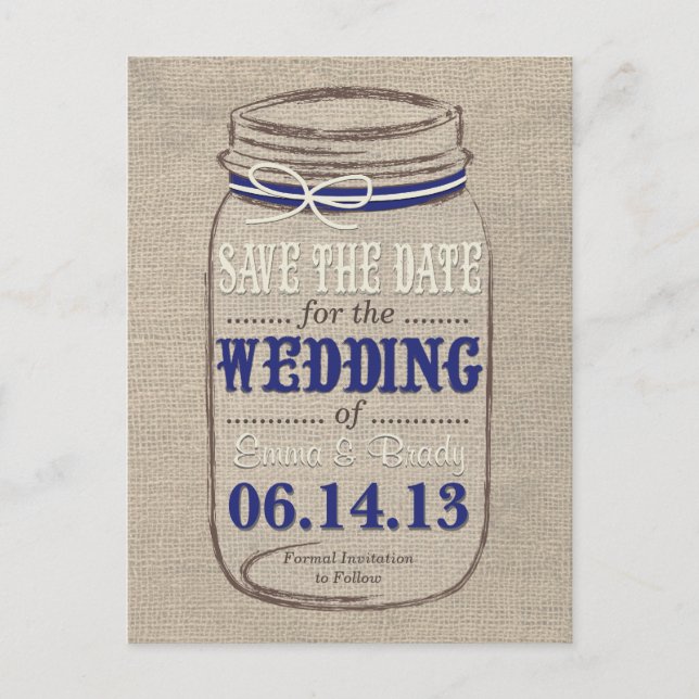 Rustic Mason Jar Save the Date Navy White Ankündigungspostkarte (Vorderseite)