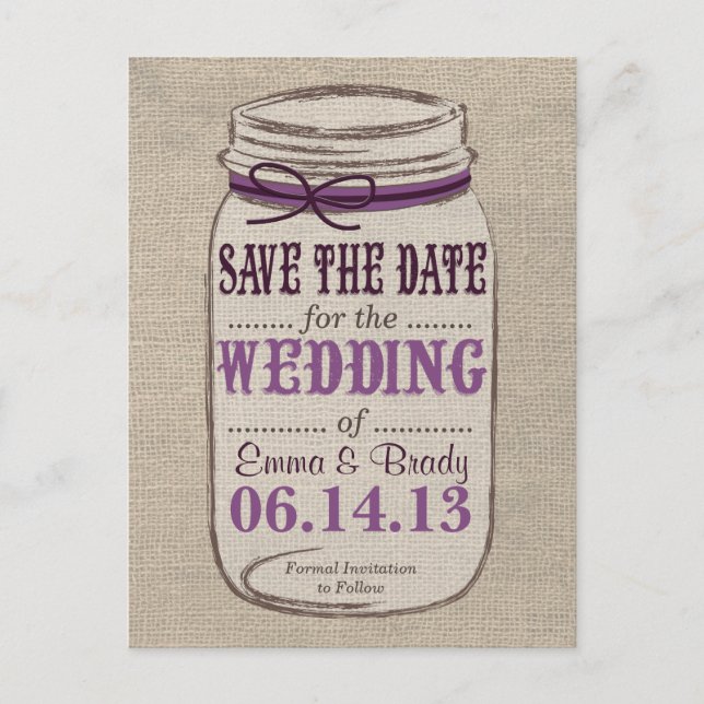 Rustic Mason Jar Save the Date Purples Ankündigungspostkarte (Vorderseite)