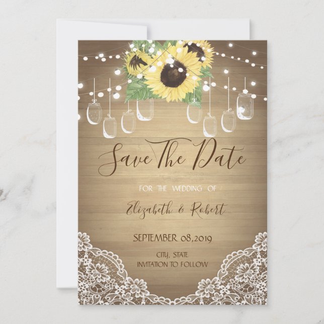 Rustic Mason Jar, Sonnenblume, Spitze Save the Dat Date (Vorderseite)