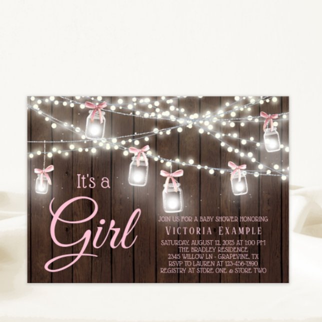 Rustic Mason Jar String Light Baby Dusche Einladung (Cute rustic string lights, jars and bows baby shower invitation. Simply add your event details.)