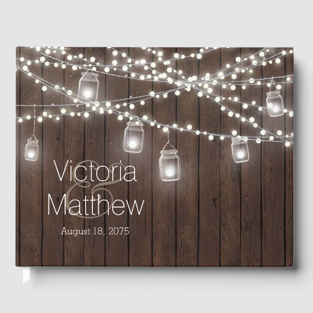 Rustic Mason Jar String Light Wedding Guest Book Gästebuch (Vorderseite)
