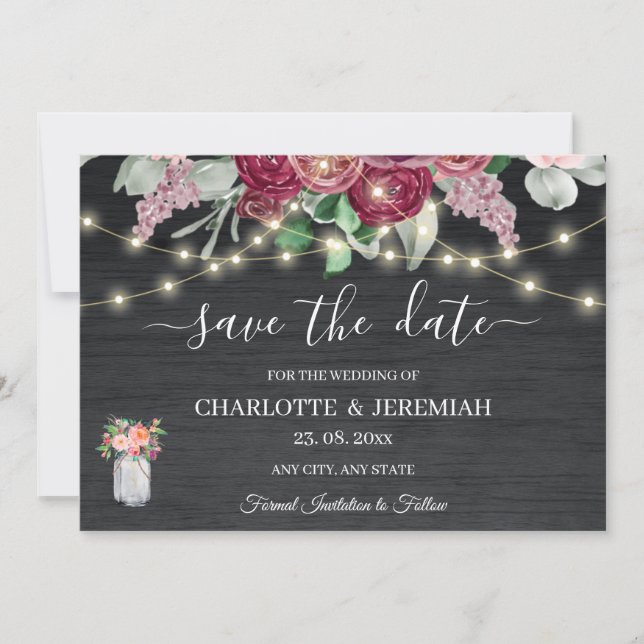 Rustic Mason Jar String Lights Burgundy Wedding Save The Date (Vorderseite)