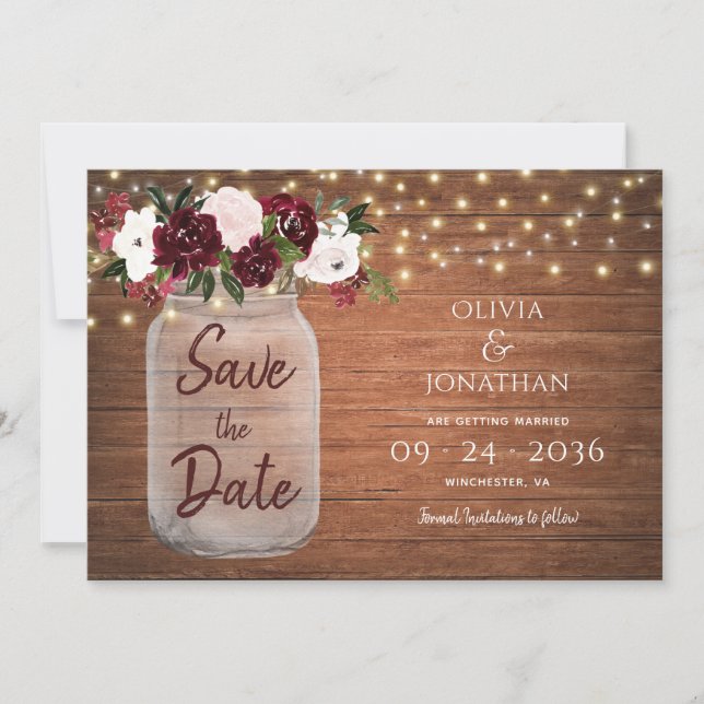 Rustic Mason Jar String Lights Floral Burgundy Save The Date (Vorderseite)