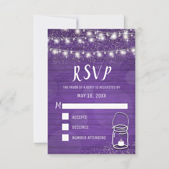 Rustic Mason Jar String Lights Violet Wedding RSVP Karte (Vorderseite)