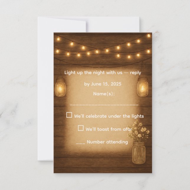 Rustic Mason Jar & String Lights Wedding RSVP Card Karte (Vorderseite)