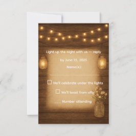 Rustic Mason Jar & String Lights Wedding RSVP Card Karte