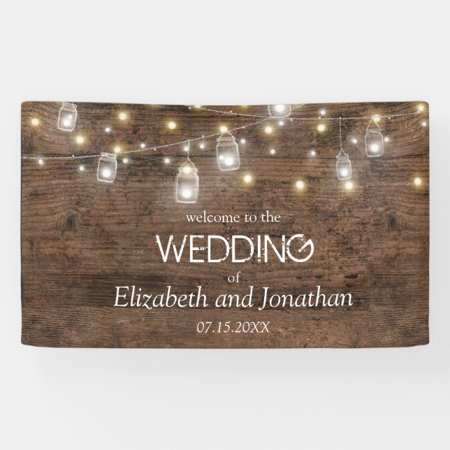 Rustic Mason Jar String Lights Wedding Willkommen Banner (Horizontal)