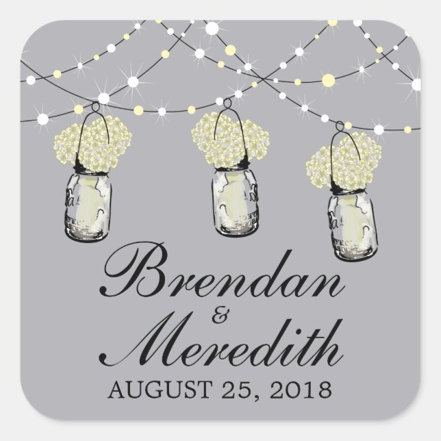 Rustic Mason Jar String of Lights Quadratischer Aufkleber (Vorderseite)
