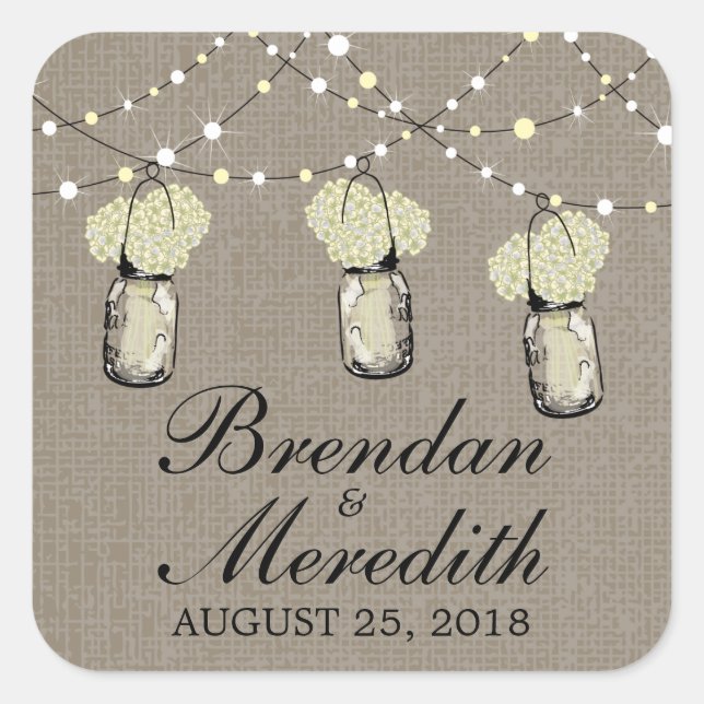 Rustic Mason Jar String of Lights Quadratischer Aufkleber (Vorderseite)