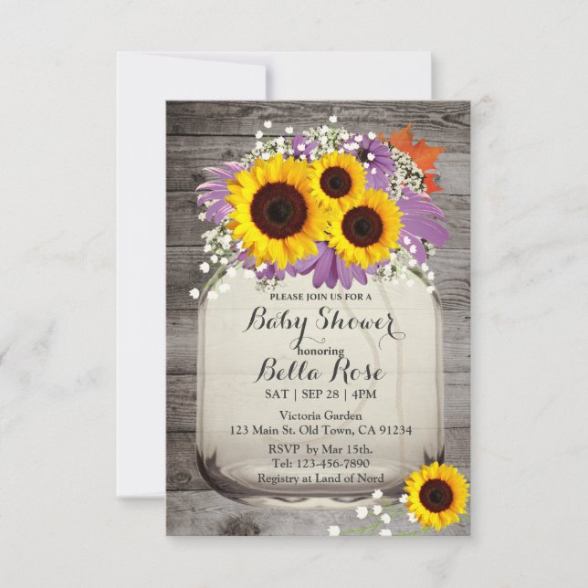 Rustic Mason Jar Sunflower Baby Shower Einladungen (Vorderseite)