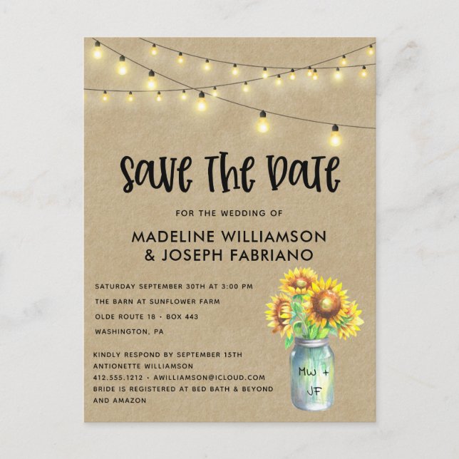 Rustic Mason Jar Sunflower Save the Date Postkarte (Vorderseite)