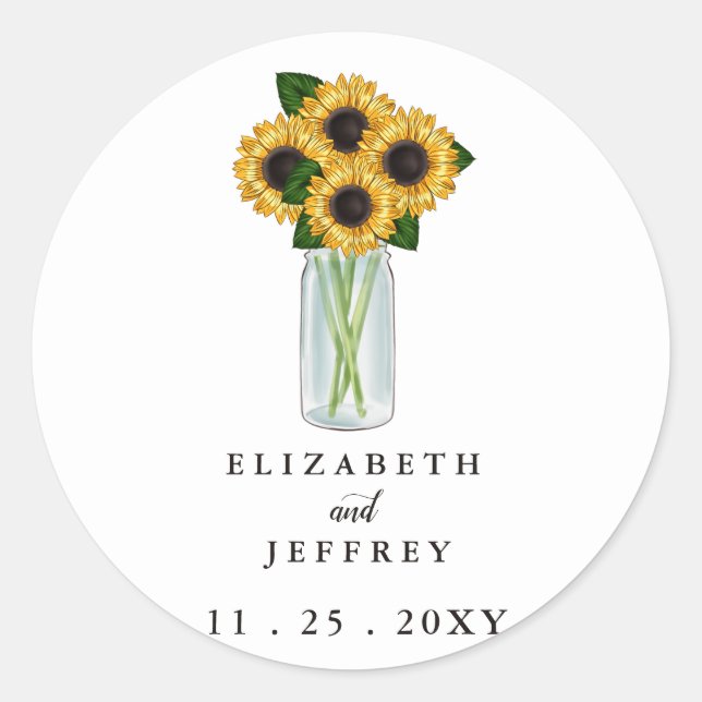 Rustic Mason Jar Sunflowers Wedding Runder Aufkleber (Vorderseite)