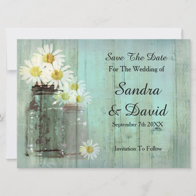 Rustic Mason Jar und Daisy Save the Date (Vorderseite)