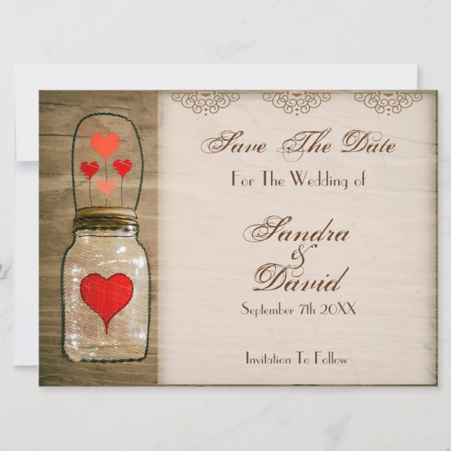 Rustic Mason Jar und Herz Save the Date (Vorderseite)