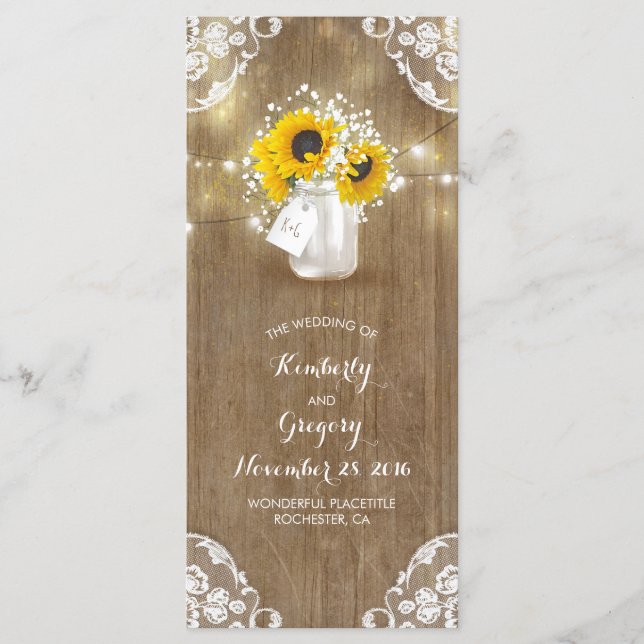 Rustic Mason Jar und Sonnenblumen Hochzeitsprogram Programm (Vorderseite)