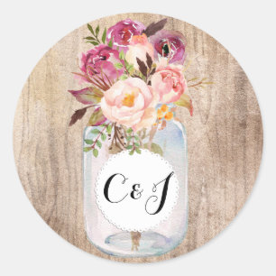 Rustic Mason Jar Watercolor Blume Wood Wedding Runder Aufkleber