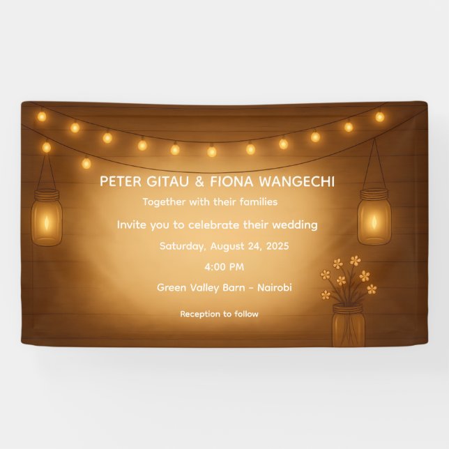 Rustic Mason Jar Wedding Banner mit String Lights (Horizontal)