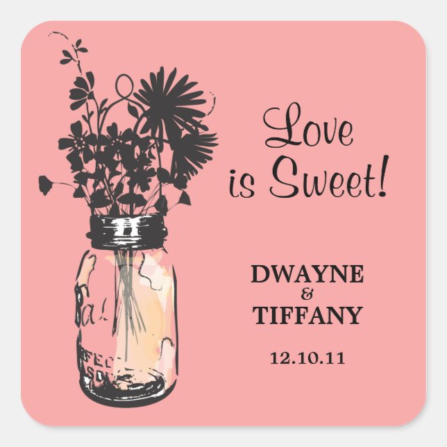 Rustic Mason Jar & Wildblumen Quadratischer Aufkleber (Vorderseite)