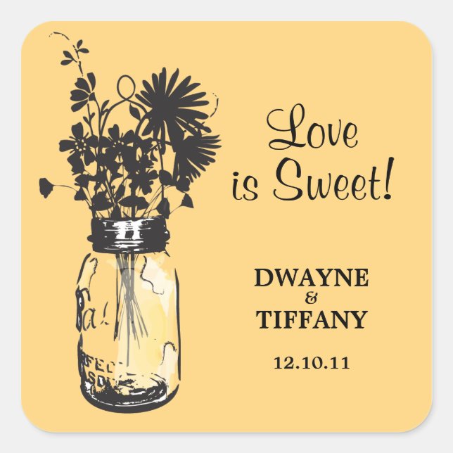 Rustic Mason Jar & Wildblumen Quadratischer Aufkleber (Vorderseite)
