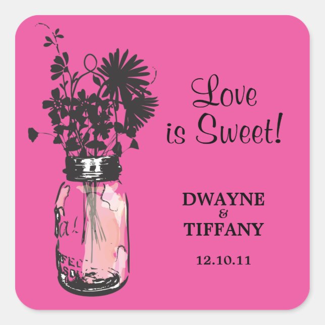 Rustic Mason Jar & Wildblumen Quadratischer Aufkleber (Vorderseite)