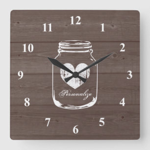 Rustic mason jar wood grain panel wall clock quadratische wanduhr
