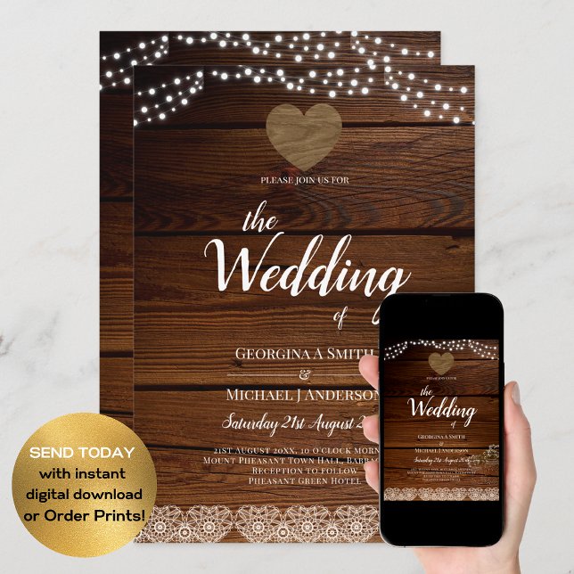 Rustic Mason Jars Lights Lace Gypsophilia WEDDING Einladung (Von Creator hochgeladen)