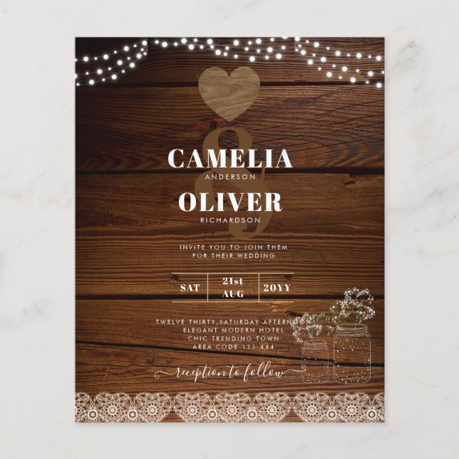 Rustic Mason Jars Lights Lace Gypsophilia WEDDING Flyer (Vorne)