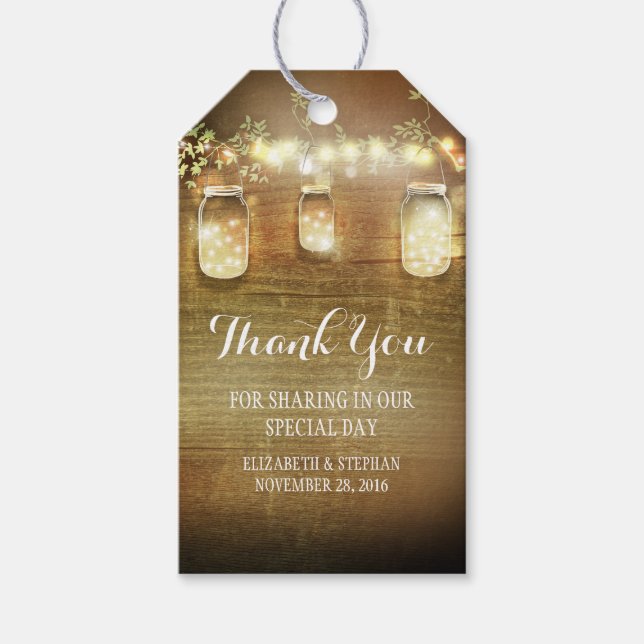 Rustic Mason Jars Lights Wedding Vielen Dank Geschenkanhänger (Vorderseite)