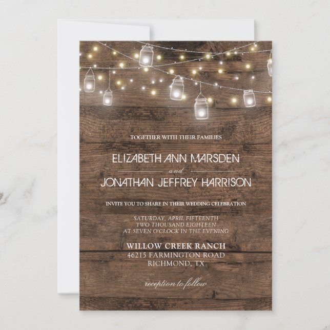Rustic Mason Jars String Lights Elegante Hochzeit Einladung (Vorderseite)