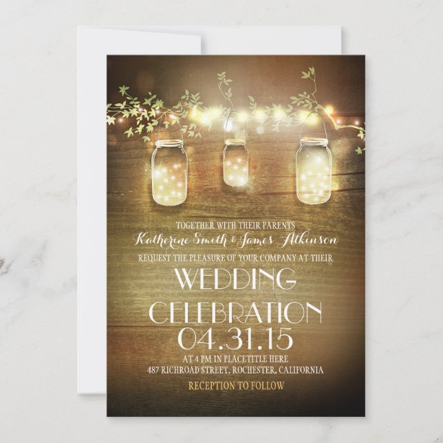 Rustic Mason Jars String Lights Elegante Hochzeit Einladung (Vorderseite)