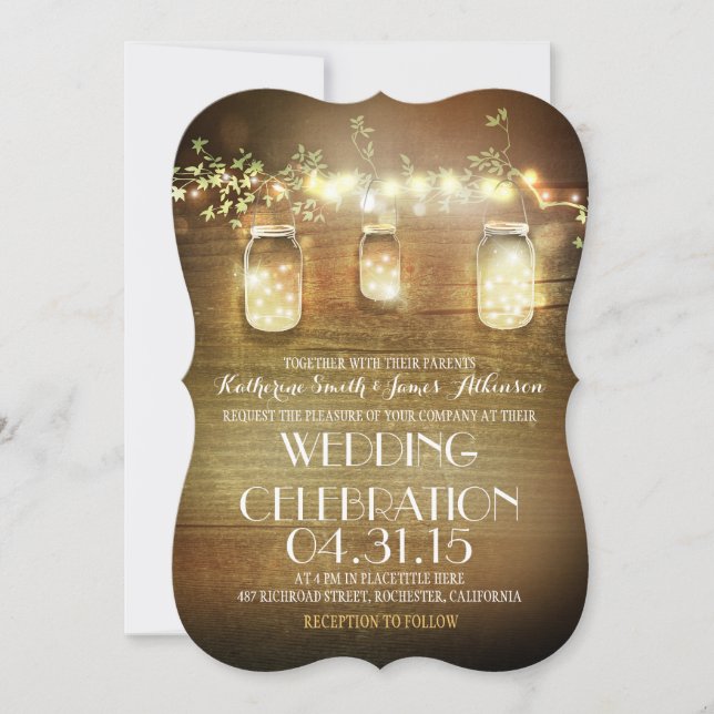 Rustic Mason Jars String Lights Elegante Hochzeit Einladung (Vorderseite)