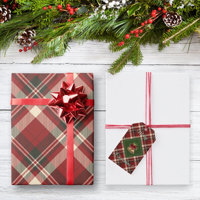 Rustic MerChristmas Bell Red Green Gingham Geschenkanhänger (Von Creator hochgeladen)