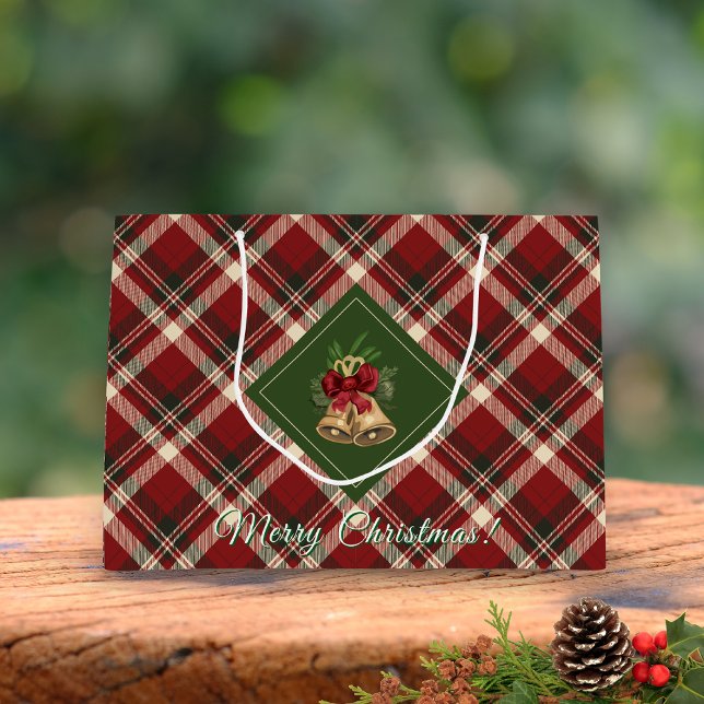 Rustic MerChristmas Bell Red Green Gingham Große Geschenktüte (Von Creator hochgeladen)
