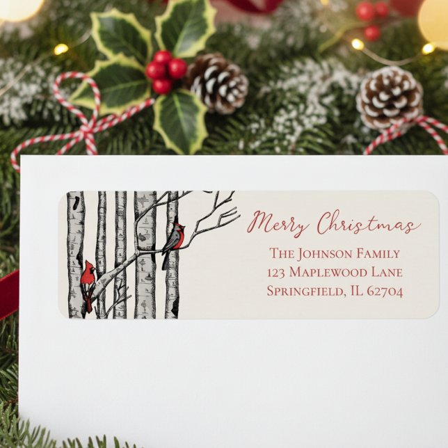 Rustic Merry Christmas Red Cardinal Return Address (Modern Holiday Festive Christmas Return Address Labels. Red Cardinal Birch Seasonal Mailing Stickers)